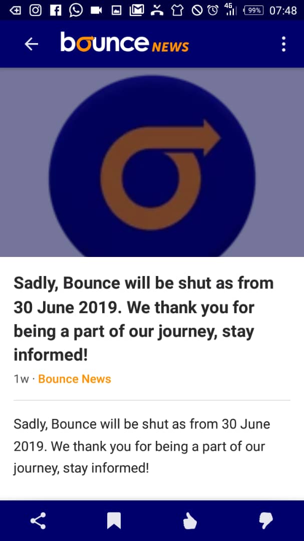 Bounce News shutdown notices on mobile app screenshot