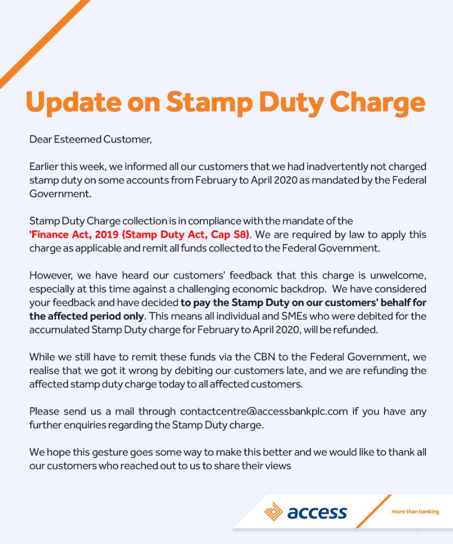 Access bank stamp duty