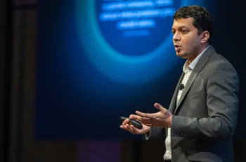 An entrepreneur on the Entrepreneurship World Cup 2025 stage