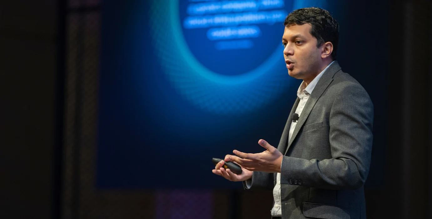 An entrepreneur on the Entrepreneurship World Cup 2025 stage