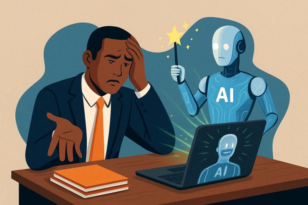 Confused businessman with a worried expression sits at a desk in front of a laptop displaying AI graphics, while a friendly AI robot offers assistance with magic wand, symbolising AI support for small businesses.